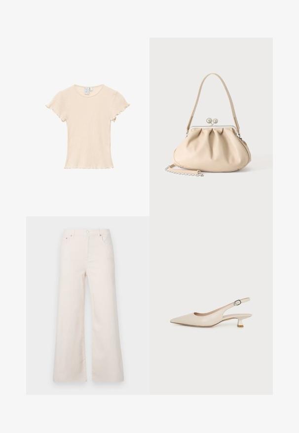 Haut beige à manches courtes côtelées avec encolure ronde et bords froncés aux manches et à l'ourlet, posé à plat sur un fond blanc.; Pantalons en denim beige clair à jambes larges, taille haute, avec cinq poches et une fermeture à bouton à l'avant. Texture lisse, détails de couture minimalistes.; Chaussure slingback beige à bout pointu avec un petit talon kitten et une boucle latérale réglable sur fond blanc uni.; Sac à main en cuir souple beige avec un fermoir en métal argenté, une bandoulière simple et une bandoulière chaîne optionnelle sur fond blanc.