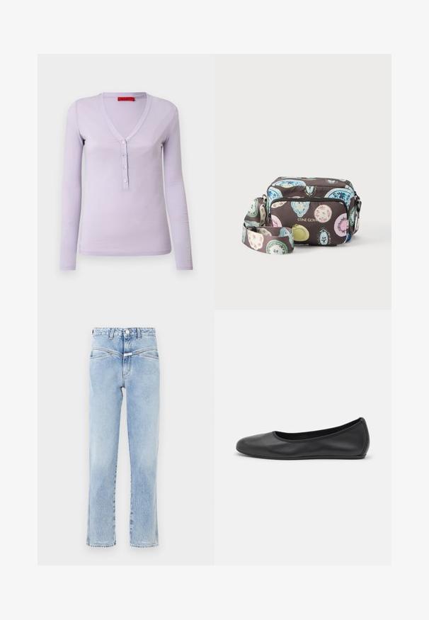 Lilla langærmet top med V-hals, der har en fem-knaps stolpe og et blødt, let stof. Enkel, tætsiddende design.; Lys blå denim jeans med høj talje og lige pasform. Har subtil falming, standard fem-lomme design og metalknaplukning.; Sort læderballetsko med rund tå, glat tekstur, minimal syning og et fleksibelt såldesign.; Crossbody taske med farverige ovale mønstre på mørk baggrund, front-lynlåslomme og justerbar rem, mærket "STINE GOYA" med guld bogstaver.