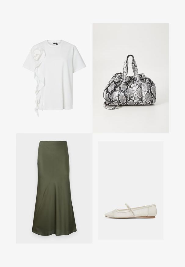 Camiseta blanca de manga corta con un gran detalle de tela fruncida que se asemeja a una flor y cae en cascada desde el hombro izquierdo hasta el dobladillo.; Falda midi ajustada de satén color verde oliva, con un corte acampanado en el dobladillo, exhibida sobre un fondo blanco.; Zapato plano de punta puntiaguda en color blanco hueso con correa adornada con perlas y tacón bajo de madera, vista lateral sobre un fondo claro.; Bolso de mano con patrón de piel de serpiente en blanco y negro, con dos asas, un cierre de cordón y una correa para el hombro desmontable. Textura suave.