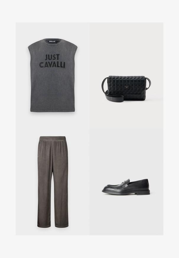 T-shirt noir délavé sans manches avec épaules rembourrées, arborant le texte "JUST CAVALLI" en relief sur le devant.; Pantalon ample en daim gris foncé avec une ceinture élastique et des poches latérales, présenté à plat sur un fond blanc.; Mocassins en cuir noir avec une finition texturée, dotés d'une bride décorative à l'avant et d'un bout arrondi. Semelle en caoutchouc pour plus de durabilité.; Sac bandoulière noir texturé avec une fermeture à rabat et un petit logo en métal sur le devant, présenté sur un fond uni.