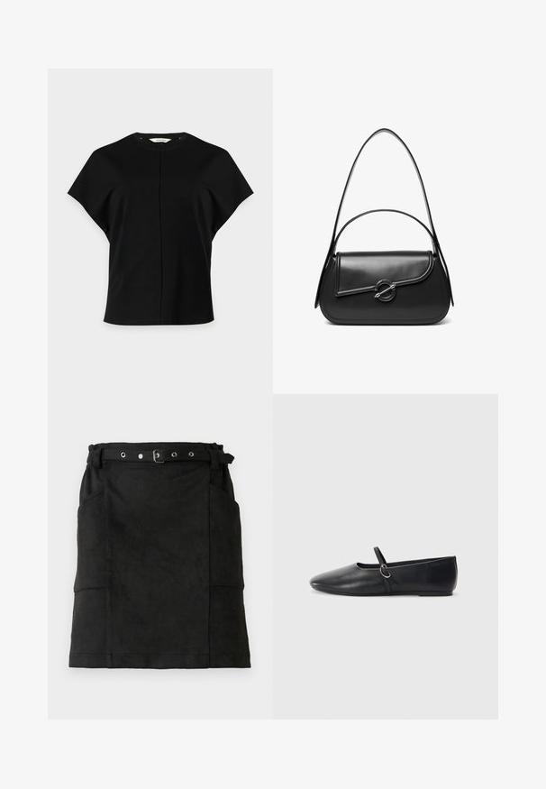 Zwart dames top met korte mouwen en een ronde halslijn met een centrale verticale naad, afgebeeld op een witte achtergrond.; Zwarte leren rok met een fitted vorm, voorzien van riemlussen, een gesp en twee zijzakken. Soepele textuur, knielange ontwerp.; Zwarte leren balletschoenen met een spitse neus, platte zool en een kleine strap met een zilveren gespsluiting.; Zwarte leren schoudertas met een gebogen klep die is bevestigd met een ronde metalen sluiting en een smalle, verstelbare band.