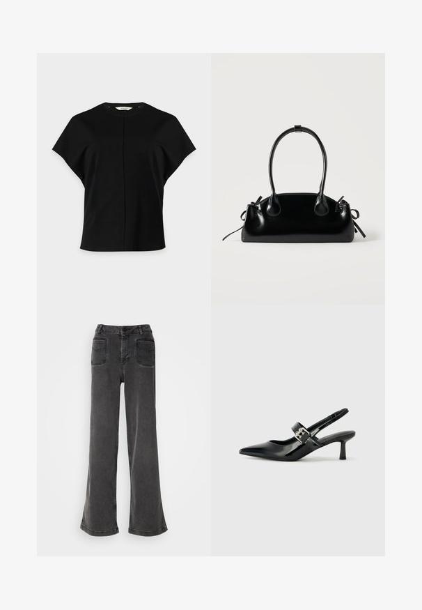 Top negro de mujer con mangas cortas, escote redondo y detalle de costura vertical central, mostrado sobre un fondo blanco liso.; Jeans negros de tiro alto y pierna ancha, hechos de denim, con cierre de botones, presillas para cinturón y dos bolsillos traseros con detalles de costura.; Zapatos de tacón en charol negro con tira al tobillo, punta afilada y un pequeño tacón bloque, que cuentan con un acento de hebilla plateada en la correa.; Pequeño bolso negro brillante con dos asas largas y detalles de cordón lateral sobre un fondo claro liso.