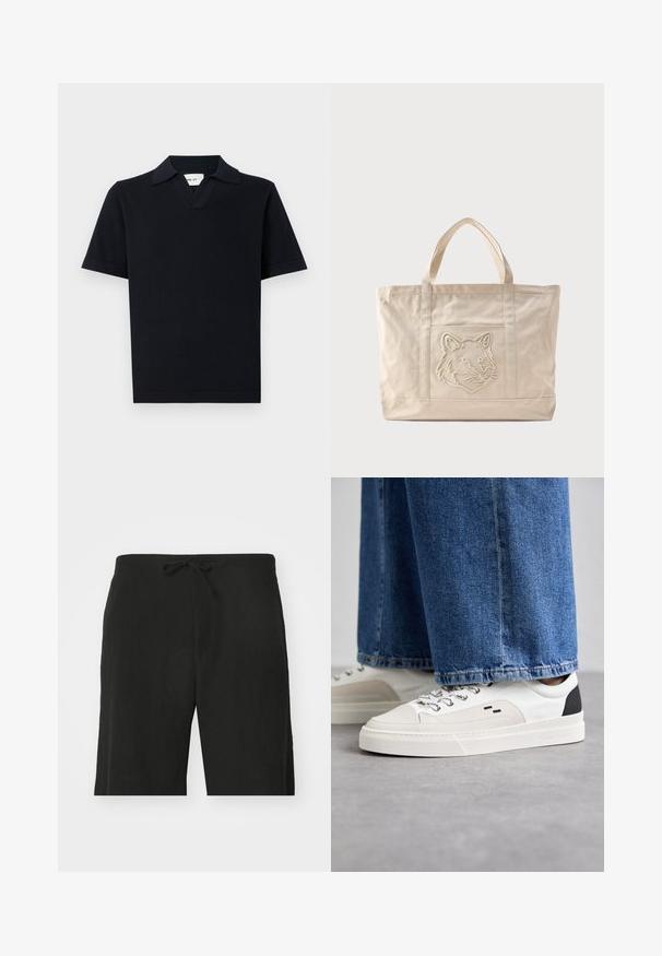Sort kortærmet polo shirt lavet af et glat stof, med en klassisk krave og et diskret V-hals design samt en lige kant.; Sorte linnedbukser med snor i taljen, der har en afslappet pasform og et knælangt design. Glat tekstur, simple og klassiske stil.; Hvide og sorte sneakers med en glat læderoverdel, teksturerede detaljer og en kraftig hvid sål. Har et klassisk snørebåndsdesign.; Beige lærredsnettaske med dobbelte håndtag og et præget ulvehoveddesign på forlommen.