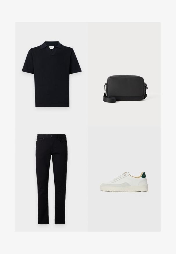 Sort kortærmet polo shirt lavet af et glat stof, med en klassisk krave og et diskret V-hals design samt en lige kant.; Emporio Armani POCKETS PANT - Jeans Slim Fit - black denim; Hvide sneakers med ruskindsdetaljer, rund tå, flade snørebånd og en cremet gummisål. Har grøn branding på hælen.; Sort rektangulær crossbody taske med tekstureret overflade, lynlåslukning, justerbar rem og prægede logo detaljer på forsiden.