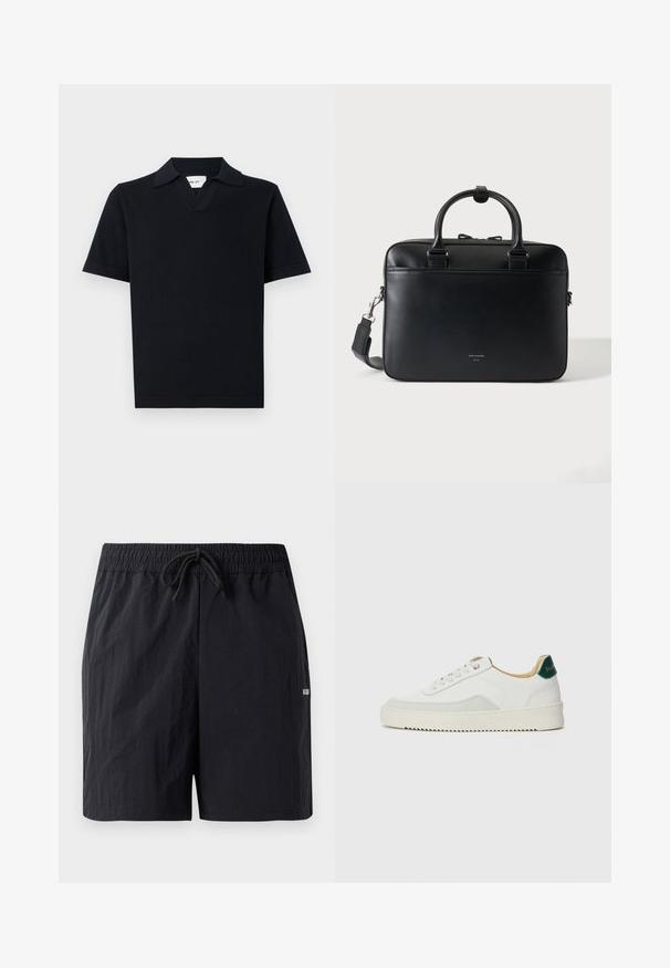 Zwarte polo met korte mouwen, gemaakt van een gladde stof, met een klassieke kraag en een subtiele V-halsontwerp met een rechte zoom.; Zwarte zwembaden met een textuurstof, voorzien van een elastische tailleband met trekkoord en een klein logo aan de zijkant.; Witte sneaker met suède accenten, ronde neus, platte veters en een crème rubberen zool. Bevat groene branding op de hiel.; Zwarte leren aktetas met dubbele handvatten en afneembare schouderriem, minimalistisch ontwerp op effen achtergrond.