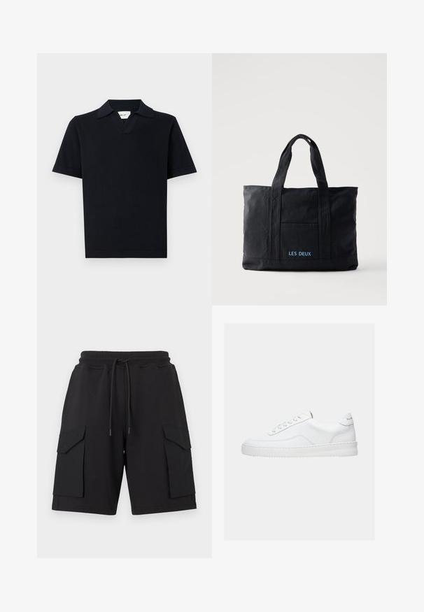 Polo shirt noir à manches courtes en tissu lisse, doté d'un col classique et d'un design subtil en V avec un ourlet droit.; Shorts cargo noirs en tissu doux avec une taille élastique et un cordon de serrage. Comprennent deux grandes poches latérales et des ourlets cousus.; Baskets basses blanches avec un design à lacets, dessus en cuir lisse et semelle épaisse, montrées de profil sur un fond uni.; Sac cabas en toile noire avec deux anses, poche avant et "LES DEUX" brodé en bleu sur la poche avant.