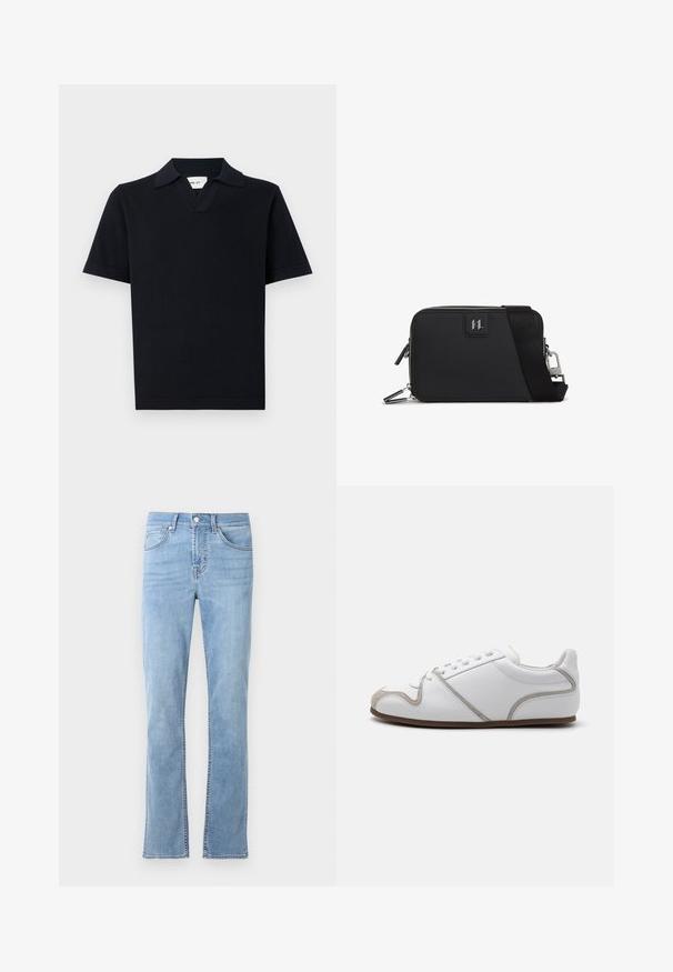 Schwarzes Polo-Shirt mit kurzen Ärmeln aus glattem Stoff, ausgestattet mit einem klassischen Kragen und einem dezenten V-Ausschnitt sowie einem geraden Saum.; Helle blaue, gerade geschnittene Jeans aus Baumwoll-Denim. Verfügt über fünf Taschen, einen frontalen Knopfverschluss und dezente Steppdetails.; Weiße Sneaker mit einem Obermaterial aus glattem Leder, grauen Suede-Akzenten und einem schlichten Schnürdesign. Rutschfeste braune Gummisohle; minimalistische Gestaltung.; Schwarze rechteckige Tasche aus strukturiertem Material, mit Reißverschluss, verstellbarem Schultergurt und einem Logo-Patch auf der Vorderseite.