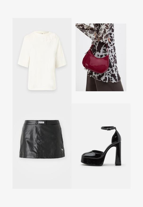 Blusa blanca de manga corta con escote redondo y cinco pequeñas flores de tela bordadas cerca del hombro izquierdo.; Falda de cuero sintético negro con una textura suave, que presenta un logo de PUMA en la cintura y un pequeño logo en el dobladillo.; Zapatos de tacón de charol negro con plataforma y correa al tobillo, punta redondeada y tacón cuadrado, que muestran una textura lisa y brillante.; Mujer con blusa de estampado en blanco y negro sosteniendo un bolso de hombro rojo brillante sobre un fondo liso.