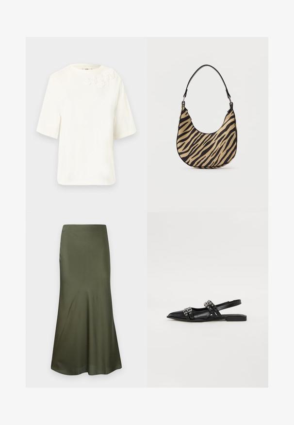 Blusa blanca de manga corta con escote redondo y cinco pequeñas flores de tela bordadas cerca del hombro izquierdo.; Falda midi ajustada de satén color verde oliva, con un corte acampanado en el dobladillo, exhibida sobre un fondo blanco.; Even&Odd by Zalando Bailarinas con tira trasera - black; Bolso de hombro de estampado de cebra en beige y negro con base curva y una sola asa negra, fotografiado sobre un fondo blanco liso.