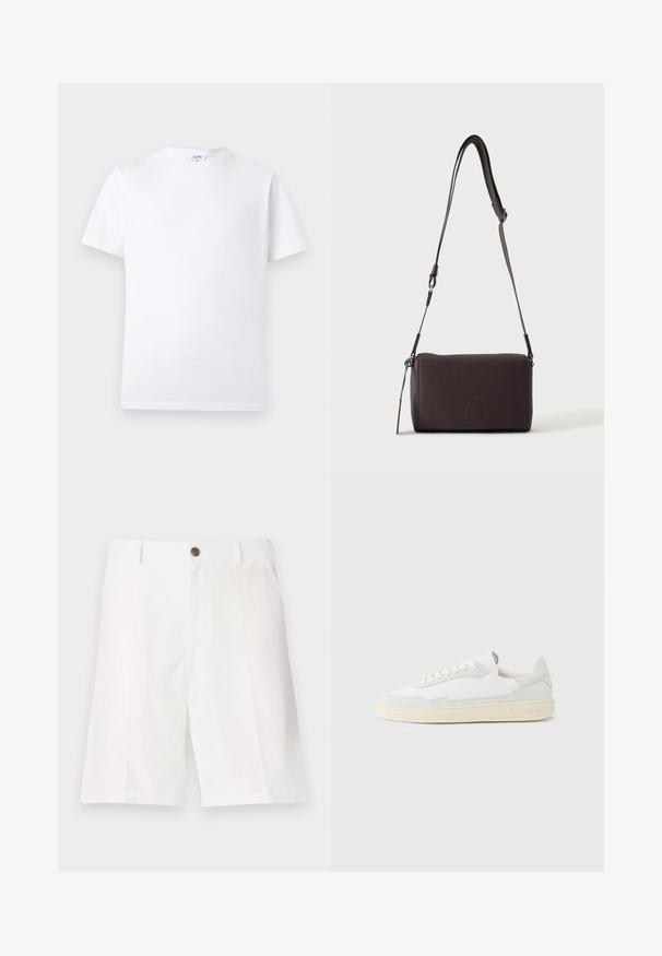 Camiseta blanca lisa de manga corta con cuello redondo y una pequeña etiqueta interior en el cuello, mostrada sobre un fondo neutro.; Bermudas blancas hechas de una tela ligera con un corte relajado, que cuentan con un solo botón marrón y bolsillos delanteros.; Zapatilla blanca con parte superior texturizada de ante y cuero. Presenta una puntera redondeada, cierre con cordones y suela de goma beige contrastante.; Bolso bandolera de cuero marrón oscuro con textura, correa ajustable y pequeño adorno decorativo azul en el lateral.