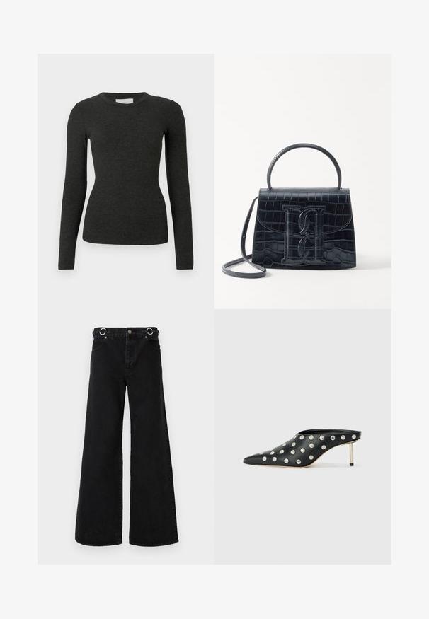 Haut noir à manches longues en tissu côtelé. Col rond, coupe ajustée et texture lisse sans motifs ni accents.; Jean noir à jambes larges en denim, avec une taille haute, de grandes poches avant, et des accessoires ronds argentés à la ceinture.; STAND STUDIO KELSEY - Mules à talons - black; Sac à main en cuir noir embossé en crocodile avec un design structuré, une poignée supérieure, une bandoulière ajustable et un détail de logo en avant bien visible.
