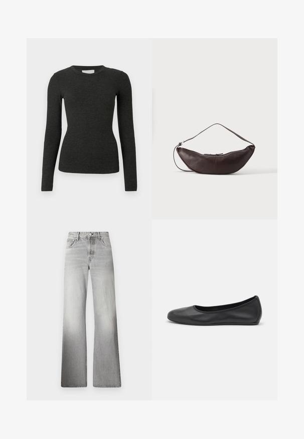 Zwarte top met lange mouwen van geribbelde stof. Ronde halslijn, aansluitend model en gladde textuur zonder patronen of accenten.; Grijze denim wijde broek met hoge taille, vervaagde textuur, vijf zakken en een rits met knoopsluiting.; Zwarte leren ballerina met een ronde neus, gladde textuur, minimale stikdetails en een flexibele zoolontwerp.; Donkerbruine leren schoudertas in halve maan vorm met een gebogen band en zichtbare stiksels op een effen achtergrond.