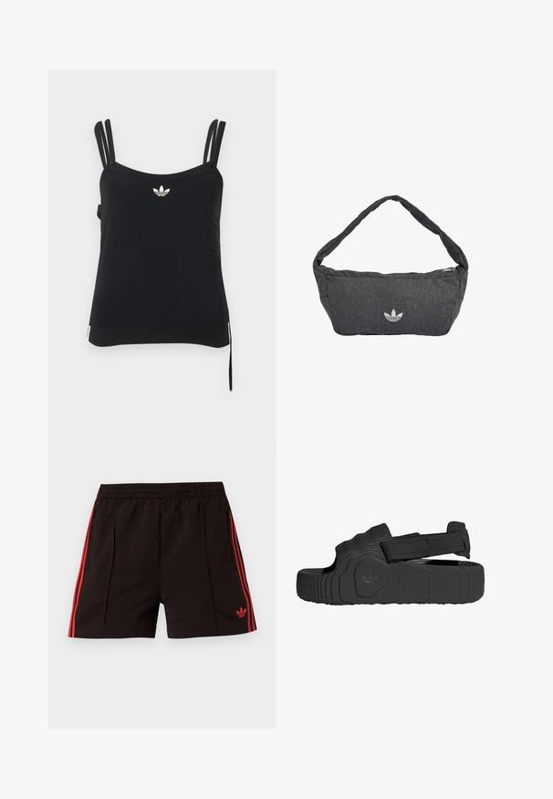 Zwart atletisch tanktop met dunne verstelbare bandjes, gerimpelde zijkant en een klein wit Adidas-logo op de borst. Gladde stoftextuur.; Zwarte sportbroekjes met elastische tailleband, rode zijstrepen, ritssluitingen aan de zakken en een rood Adidas Trefoil-logo op het linkerbeen.; Zwarte sandalen van gestructureerd rubber met een brede band en een verstelbare klittenbandsluiting. Heeft een patroon op de zool en een merklogo-detail.; Donkere grijze schoudertas van getextureerde stof, met een ritssluiting en een geborduurd logo aan de voorkant. Lange, gebogen schouderriem.