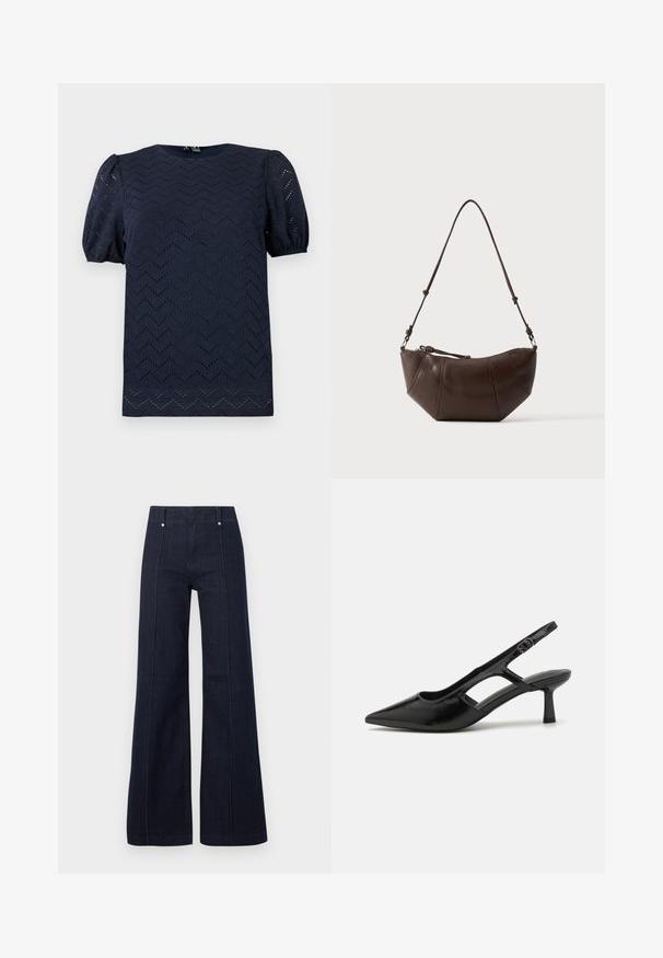 Marineblauwe blouse met korte pofmouwen en zigzag opengewerkt patroon over de hele stof.; Donkerblauwe wijde broekspijpen spijkerbroek met hoge taille, voornaad en riemlussen op een effen lichte achtergrond.; Zwarte slingback hakken met een spitse neus, gemaakt van glanzend materiaal, met uitsnijdingen en een gematigde hak voor ondersteuning.; Bruine leren schoudertas met een gebogen onderkant en een verstelbare riem tegen een effen lichte achtergrond.