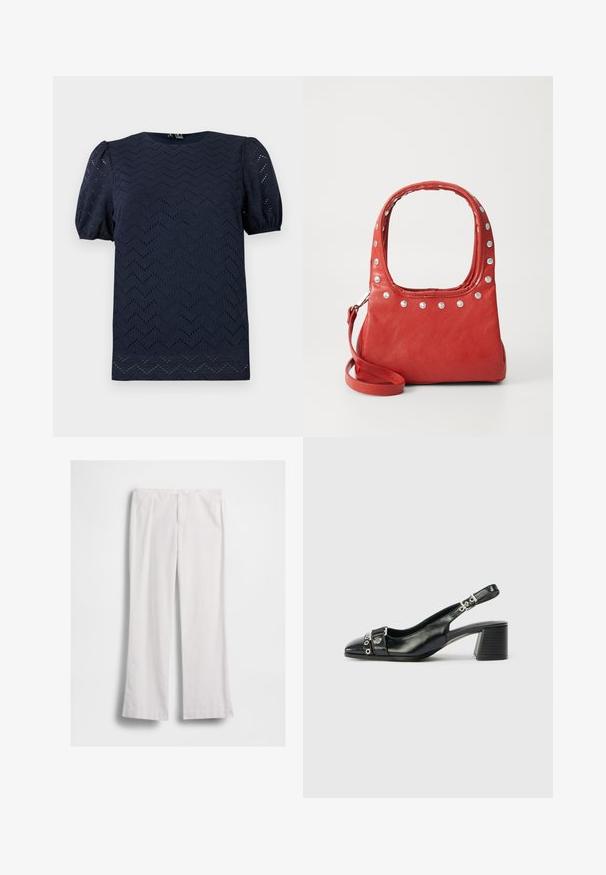 Blouse bleu marine avec manches courtes bouffantes et motif ajouré en zigzag sur tout le tissu.; Pantalon blanc à jambes droites avec fermeture éclair et bouton à l'avant, présenté à plat sur fond blanc.; Sandale à talon en cuir noir avec un bout pointu, une sangle texturée ornée d'accents métalliques circulaires et un talon empilé.; Sac en cuir rouge avec des rivets argentés autour du bord supérieur et des poignées, doté d'une bandoulière amovible sur un fond uni.