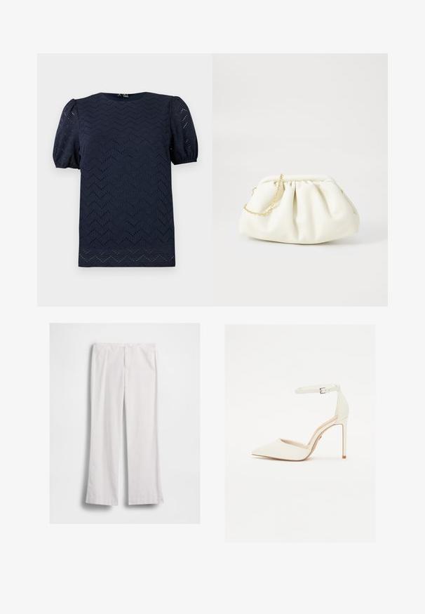 Blouse bleu marine avec manches courtes bouffantes et motif ajouré en zigzag sur tout le tissu.; Pantalon blanc à jambes droites avec fermeture éclair et bouton à l'avant, présenté à plat sur fond blanc.; Chaussure à talons hauts blanche en cuir avec un bout pointu et une fine bride de cheville. Dotée d'un talon aiguille et d'un design minimaliste.; Sac à main en cuir blanc avec un design plissé, doté d'une bandoulière en chaîne dorée et d'une forme arrondie. Texture lisse avec des plis doux et sans motifs.
