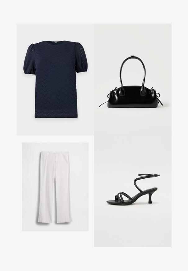 Blouse bleu marine avec manches courtes bouffantes et motif ajouré en zigzag sur tout le tissu.; Pantalon blanc à jambes droites avec fermeture éclair et bouton à l'avant, présenté à plat sur fond blanc.; Even&Odd Wide Fit by Zalando Sandales - black; Petit sac à main noir brillant avec deux longues anses et des détails à cordon sur les côtés sur un fond clair uni.