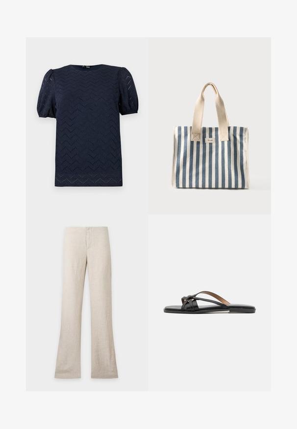 Blouse bleu marine avec manches courtes bouffantes et motif ajouré en zigzag sur tout le tissu.; Pantalon en lin beige à jambe droite et fermeture avant dissimulée, présenté à plat sur un fond clair uni. Pas de poches ni de détails visibles.; Sandales en cuir noir à tongs avec de fines lanières croisées et une semelle plate, arborant un design minimaliste et une texture lisse.; Sac cabas en toile rayé verticalement bleu et blanc avec des anses beiges et une petite étiquette à l'avant.