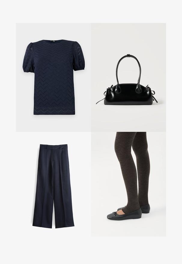 Marineblaue Bluse mit kurzen Puffärmeln und Zickzack-Lochmuster im gesamten Stoff.; Weit geschnittene Hose aus dunkelblauem Stoff mit glatter Textur, ausgestattet mit einem vorderen Falz, Gürtelschlaufen und einem maßgeschneiderten Bund.; Beine in dunklen, gerippten Leggings kombiniert mit schwarzen Ballerinas mit kleinen Schleifendetails auf weißem Hintergrund.; Kleine schwarze glänzende Handtasche mit zwei langen Griffen und seitlichen Kordelzug-Details vor einfachem hellem Hintergrund.