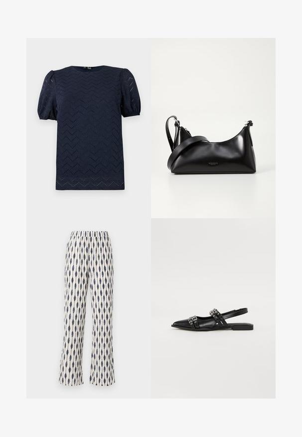 Blusa azul marino con mangas cortas abullonadas y patrón de ojales en zigzag en toda la tela.; Pantalones de pierna ancha en una tela crema, con un patrón repetitivo de gotas de agua en color marino. La banda elástica en la cintura y la textura suave aumentan la comodidad.; Even&Odd by Zalando Bailarinas con tira trasera - black; Bolso de mano de cuero negro con una textura suave. Cuenta con una correa ajustable y un diseño elegante y minimalista con cierre de cremallera.