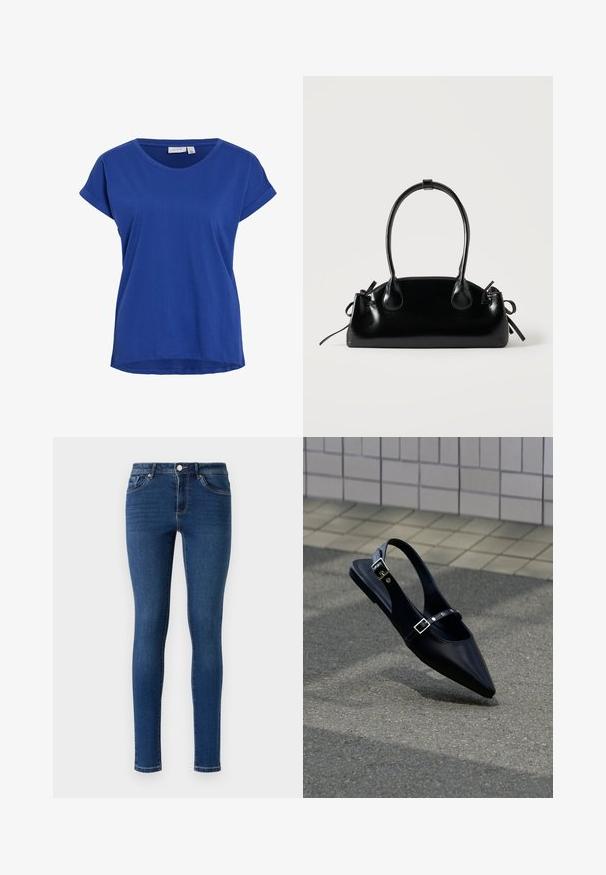 Blå kortærmet t-shirt lavet af glat bomuldsstof. Har en rund halsudskæring og en afslappet pasform med oprullede ærmer.; Slanke denimjeans i mørkeblå. Har et klassisk fem-lomme-design, metalknaplukning og diskret syninger langs sømmene.; Sort flad slingback med spids tå og dobbelte spænder, hvilende på grå asfalt nær flisevæg.; Lille sort blank håndtaske med to lange håndtag og snøre-detaljer i siden på en ensfarvet lys baggrund.