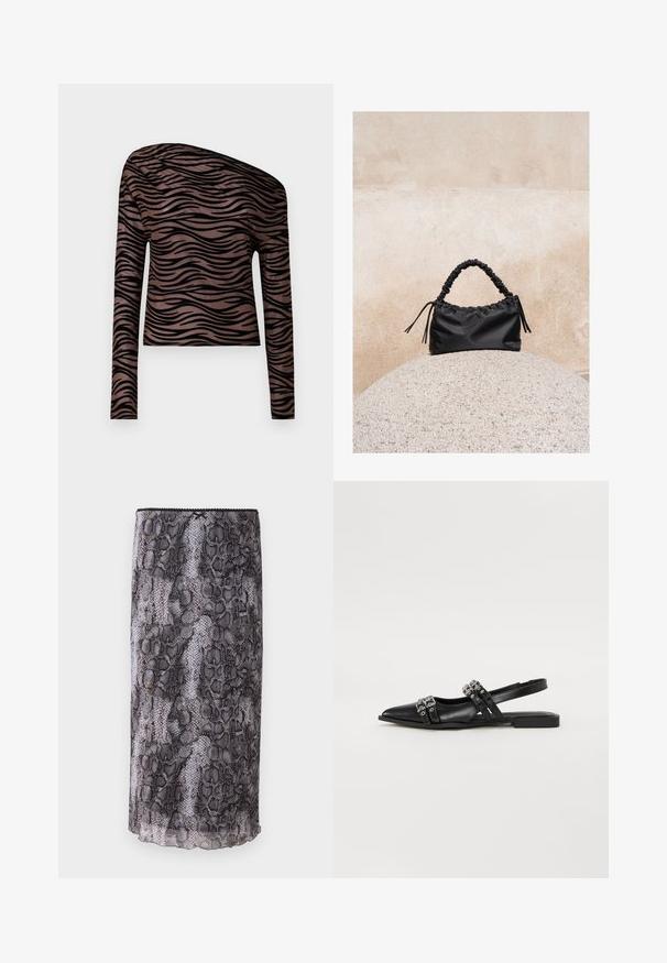 Langärmliges, braunes Cropped Top mit schwarzen Wellenstreifen, asymmetrischem Ausschnitt und glatter, dehnbarer Stoffoberfläche.; Schwarz-weiße Schlangenhaut-Print Bleistiftrock aus einem transparenten, strukturierten Stoff. Mit einem gewellten Saum und einer detaillierten oberen Kante.; Even&Odd by Zalando Sling-Ballerina - black; Schwarze geraffte Handtasche mit einem gesammelten Griff, die auf einer strukturierten Steinkugel vor einem beigen Betonwand-Hintergrund liegt.