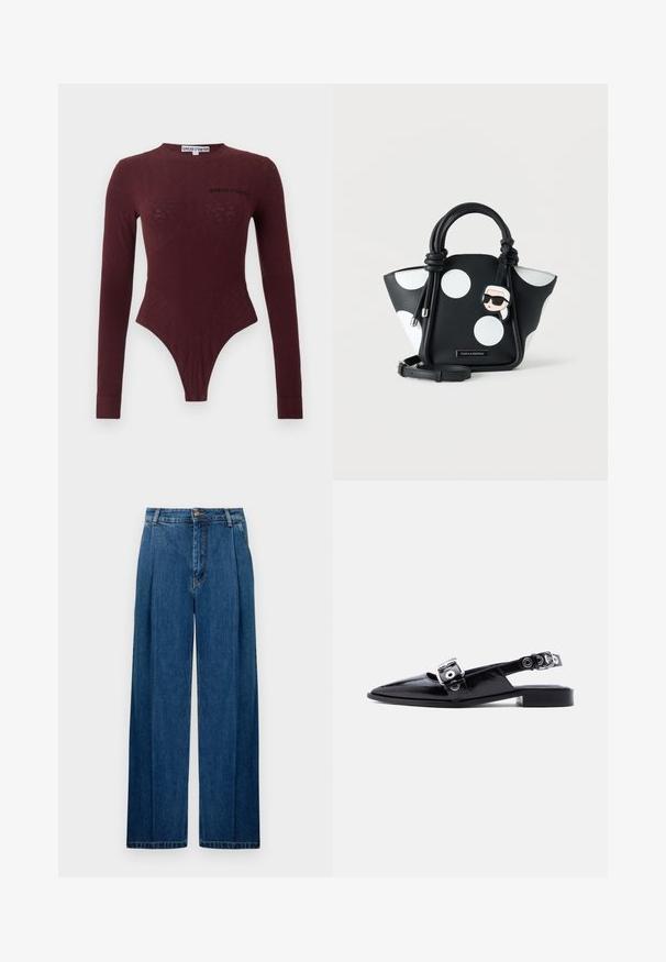 Bodi ajustado de manga larga en burdeos oscuro con un sutil patrón floral texturizado y el logo "Sinéad O'Dwyer" en el pecho y la etiqueta del cuello.; Pantalones de denim de pierna ancha en azul oscuro, con plisados frontales, cierre de botón y costuras clásicas a lo largo de las costuras. Textura suave en todo.; Zapato plano puntiagudo de charol negro con doble correa de hebilla plateada y talón tipo slingback sobre fondo blanco.; Bolso de mano de cuero negro con grandes lunares blancos, asas anudadas, correa desmontable y un colgante de dibujos animados con gafas de sol.