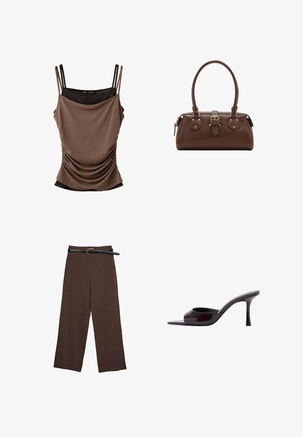Débardeur marron froncé superposé à un débardeur noir, tous deux avec de fines bretelles doubles, présenté à plat sur un fond blanc.; Pantalons larges marron avec une texture lisse, dotés d'une ceinture noire et d'une taille ajustée, offrant une coupe structurée.; Mule en cuir verni noir à bout ouvert avec un talon stiletto fin de hauteur moyenne et une bride supérieure basse.; Sac à main en cuir marron avec deux poignées, une sangle centrale à boucle et des ferrures dorées, présenté sur fond blanc.