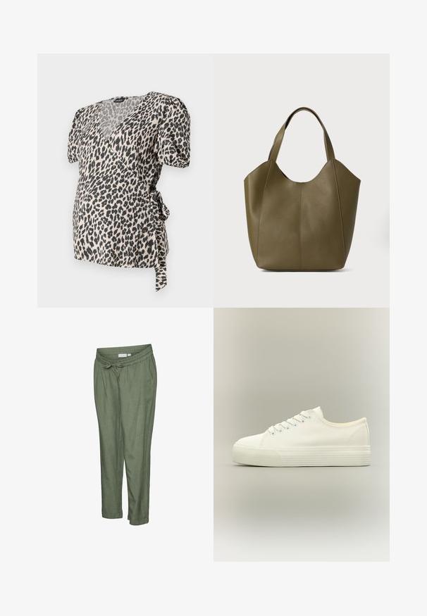 Top en tissu doux à imprimé léopard, avec des manches courtes bouffantes. Il présente un décolleté et un lien à la taille. Couleurs crème et noir.; Pantalon léger de couleur vert olive avec une coupe décontractée. Caractérisé par une taille élastique avec cordon de serrage, des ourlets retroussés et des poches latérales.; Baskets basses blanches en toile avec lacets à l'avant et semelle épaisse en caoutchouc texturée sur fond neutre.; Sac fourre-tout en cuir vert olive avec double poignée, texture lisse et design à quatre panneaux. Coutures renforcées le long des joints pour plus de durabilité.