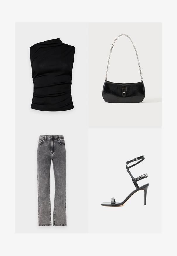 Top negro sin mangas con escote asimétrico, que presenta tela fruncida para dar textura y una silueta ajustada. Material suave y elástico.; Jeans de denim gris de talle alto con un diseño de pierna recta, que presentan un ligero efecto de desgaste y un estilo de cinco bolsillos estándar.; Sandalia negra de tacón alto con tira delgada en el tobillo, tira en la parte media del pie decorada con eslabones de cadena plateados y diseño de punta abierta.; Bolso de hombro de charol negro con detalle de hebilla plateada y correa de cadena plateada, presentado sobre un fondo liso y claro.