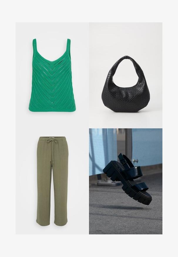 Débardeur tricoté vert avec un motif en chevrons, doté de larges bretelles et d'un décolleté rond. Tissu léger et texturé avec des sections en tricot ajouré.; ONLY Petite ONLSIESTA PULL UP - Pantalon classique - deep lichen green; Sandale plateforme noire épaisse avec deux brides et une boucle, suspendue en l'air au-dessus d'un sol en béton gris et d'un fond en tissu bleu.; Sac à main tissé noir avec une poignée courbée, présentant une surface texturée et une forme décontractée. Fini lisse avec une silhouette organique.