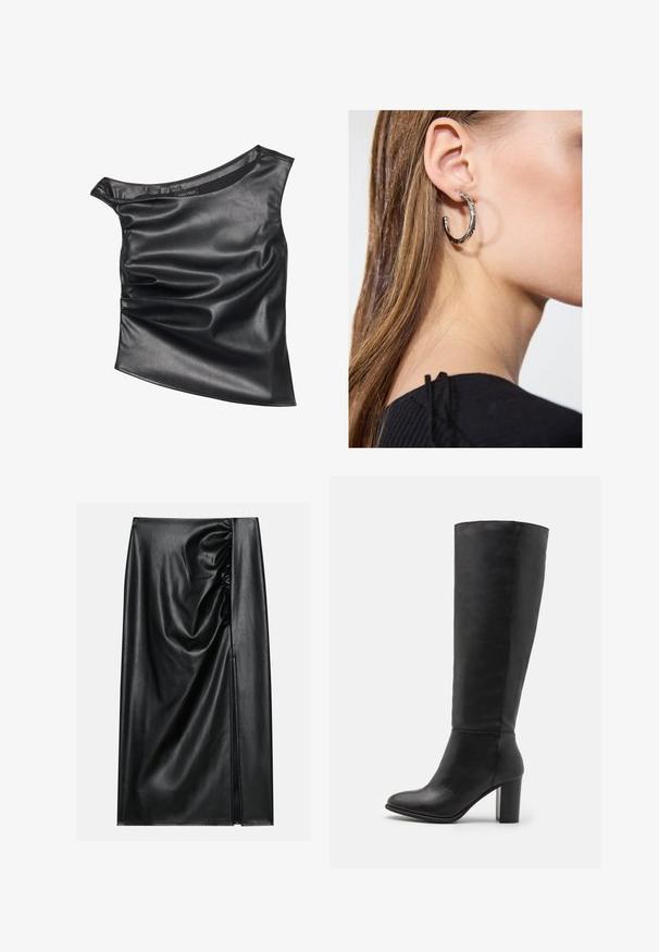 Schwarzes, asymmetrisches Top aus glattem Kunstleder. Verfügt über ein drapiertes Design und einen subtilen Glanz, mit rundem Ausschnitt und geschichteter Textur.; Schwarzer Lederrock mit glatter Textur, der auf einer Seite einen gerafften Abschnitt und einen seitlichen Schlitz für zusätzlichen Detailreichtum aufweist.; Schwarze kniehohe Stiefel aus glattem Leder, mit einem stabilen Absatz und runder Zehenpartie. Minimalistisches Design ohne sichtbare Hardware oder Dekorationen.; Silberne Creolen mit polierter Oberfläche, die kleine goldene Akzentdetails und eine runde Form aufweisen, am Ohrläppchen getragen.