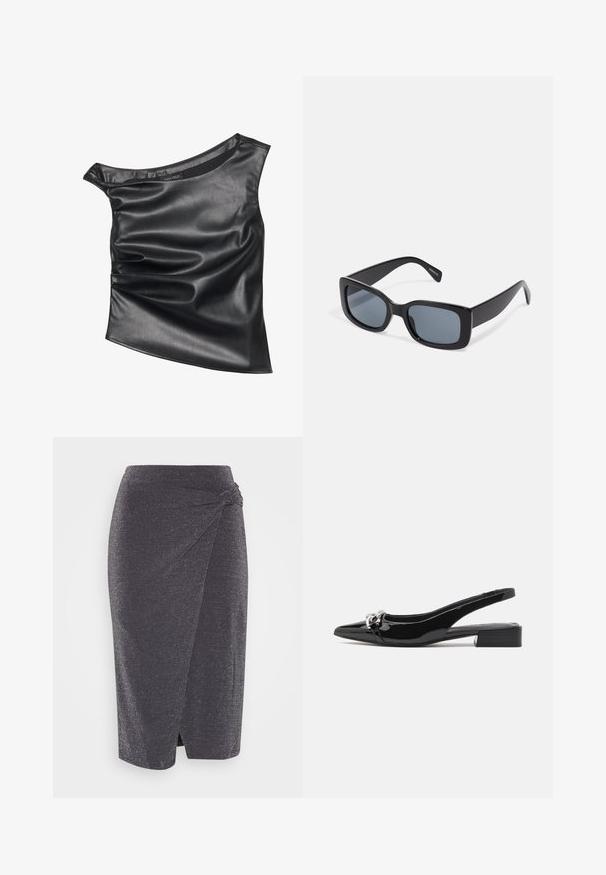 Sort, asymmetrisk top lavet af glat kunstlæder. Har et draperet design og subtil glans, med en rund halsudskæring og lagdelt tekstur.; Mørkegrå, knælang blyantskirt i et skinnende stof med en snoet knude detalje i taljen og en sidelæg. Glat tekstur.; Sort laklæderslingback sko med spids tå, lav blokhæl og sølvfarvet metal detalje foran.; Sorte rektangulære solbriller med mørkt tonede linser, tyk plastramme og brede stænger. Glat overflade og kantet design.