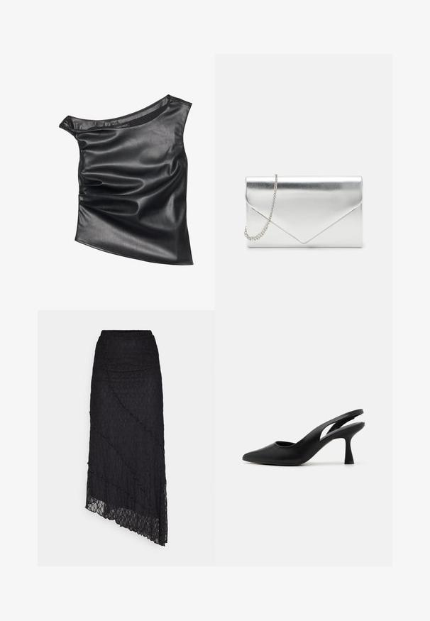 Sort, asymmetrisk top lavet af glat kunstlæder. Har et draperet design og subtil glans, med en rund halsudskæring og lagdelt tekstur.; ONLY ONLKIM SLIT - Maxinederdele - black; Sorte slingback hæle med spids tå, lavet af glat læder. Har et udskåret design og en robust, aftrappet hæl.; Sølvmetallic clutch taske med flaplukning, kuvertdesign og aftagelig kædestrop. Glat tekstur med skrå sømme.