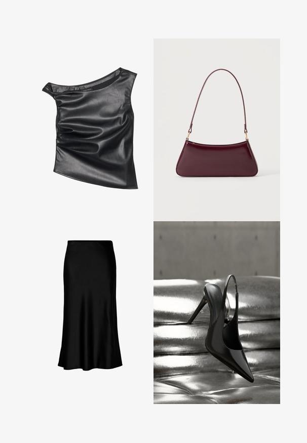 Haut noir asymétrique en faux cuir lisse. Présente un design drapé et un éclat subtil, avec un col rond et une texture superposée.; Jupe midi en satin noir au toucher lisse, avec un ourlet évasé et une taille ajustée, arborant un design simple et classique.; Chaussure à talon haut à bride arrière noire brillante, équilibrée sur une surface métallique argentée brillante et rembourrée, à texture lisse.; Sac à main brillant bordeaux foncé avec une anse fine unique et une forme trapézoïdale élégante sur un fond clair uni.