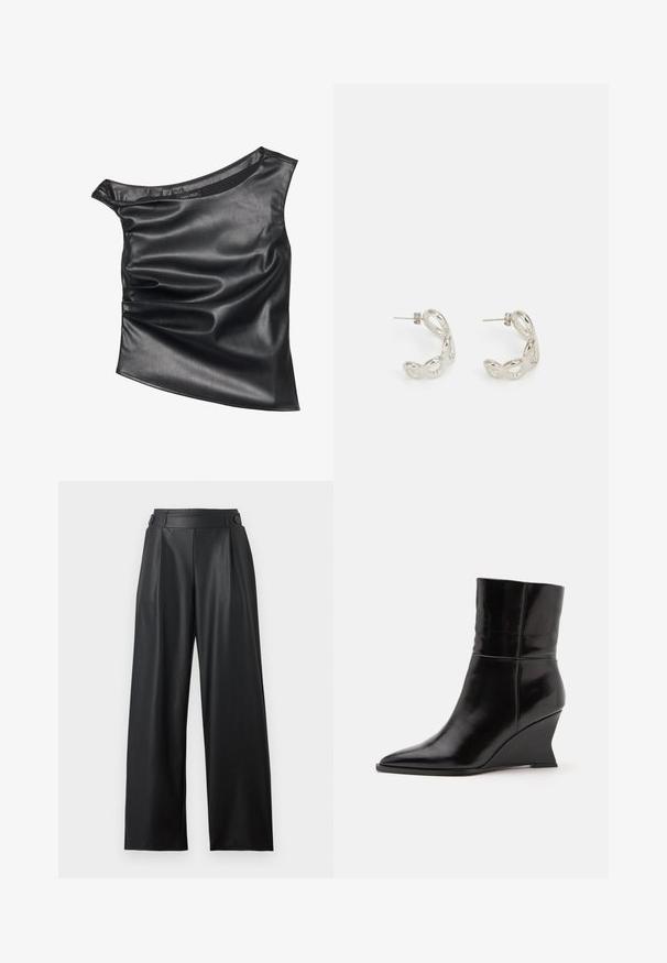 Top negro asimétrico hecho de imitación de cuero suave. Presenta un diseño drapeado y un brillo sutil, con un escote redondeado y una textura en capas.; Pantalones anchos de cuero sintético negro con cintura alta, detalles de botones en la cintura y pliegues delanteros.; Botín negro de cuero con punta afilada y tacón cuña, acabado liso y altura hasta la mitad de la pantorrilla.; Pendientes de aro plateados con un diseño retorcido y ondulado. Fabricados en metal brillante, con un cierre para un uso seguro. Textura suave, tamaño medio.