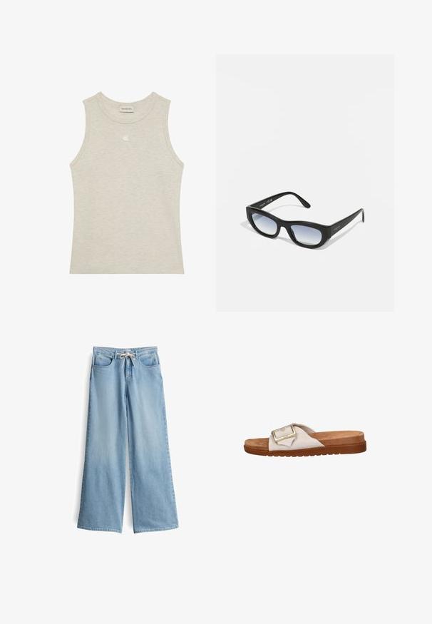 Beige geribbelde mouwloze tanktop met ronde halslijn en een klein geborduurd Calvin Klein-logo middenvoor.; Lichtblauwe wijdvallende jeans van denim. Heeft een hoge taille, riemlussen, twee voorzakken en een trekkoordsluiting.; Tankleurige slide-sandaal met brede stoffen band met een grote gouden gesp en een bruine gewatteerde zool met gripprofiel.; Zwarte zonnebril met een chunky frame, rechthoekige vorm en gradient lenzen. Heeft de merknaam "vogue" op de zijtak.