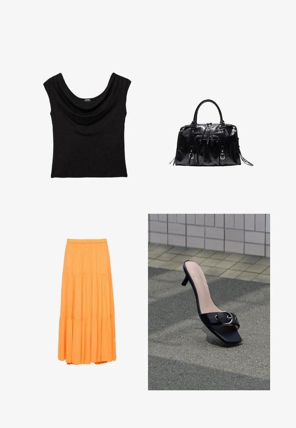 Haut noir sans manches avec un col en forme de drapé, une silhouette ajustée et une petite étiquette de marque à l'intérieur du col.; Jupe longue orange à plusieurs volants avec une ceinture élastique et des panneaux de tissu froncés créant une silhouette fluide.; Mule sandale à talon noir avec bout carré, boucle argentée sur la bride, posée sur l'asphalte près d'un mur carrelé.; Sac à main en cuir noir brillant avec deux poignées, poche avant zippée, sangles décoratives et ferrures métalliques argentées.