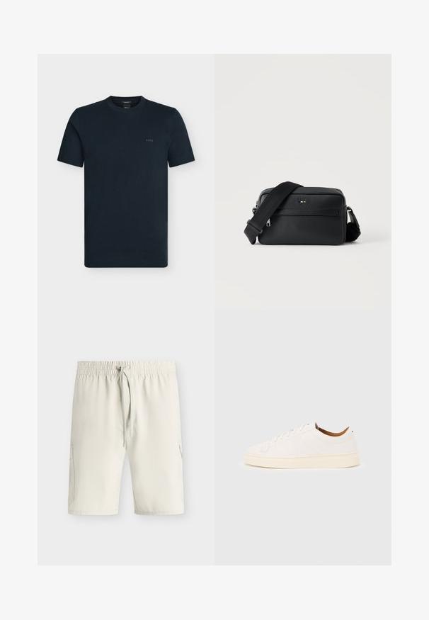 T-shirt uni bleu marine foncé à manches courtes et col rond avec petit logo BOSS sur la poitrine gauche, sur fond clair.; Shorts beige clair longueur genou avec taille élastique et cordon, avec poches latérales et texture de tissu lisse.; Baskets blanches basses avec un design à lacets, des détails de couture minimalistes, et une semelle couleur crème sur un fond gris clair.; Sac bandoulière en cuir noir texturé avec poche avant zippée et bandoulière large en tissu réglable sur fond blanc.