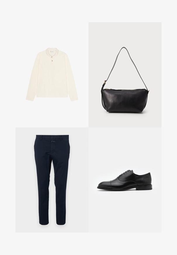 Langärmliges Polohemd in Creme, mit flachem Kragen, einer drei-Knopf-Leiste mit goldfarbenen Knöpfen und einem weichen, strukturierten Stoff.; Navyblaue Baumwollchinos mit slim Fit, flachem Vorderteil und Reißverschluss. Verfügt über seitliche Taschen und eine Gesäßtasche mit einem kleinen Markentag.; Schwarze Leder-Richterschuhe mit abgerundetem Zehenbereich, Schnürdesign und dezenten Stichdetails. Verfügt über einen niedrigen Absatz und eine glatte Textur.; Schwarze Ledertasche mit einem einzigen langen verstellbaren Schulterriemen und goldener Reißverschlussöffnung oben, vor einem schlichten Hintergrund präsentiert.