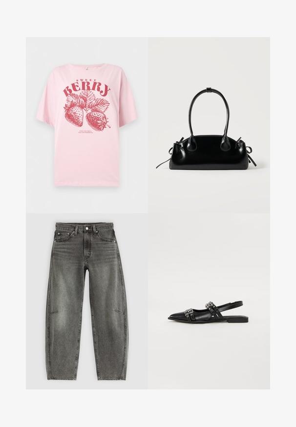Camiseta de color rosa claro con fresas ilustradas en rojo, hojas y texto que dice "SWEET BERRY" y "DETENTE Y HUELE LAS FRESAS."; Jeans de mezclilla gris deslavado de cintura alta con cinco bolsillos, cierre de botón y un corte recto relajado.; Even&Odd by Zalando Bailarinas con tira trasera - black; Pequeño bolso negro brillante con dos asas largas y detalles de cordón lateral sobre un fondo claro liso.