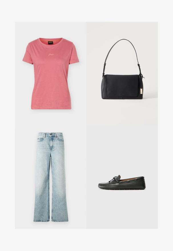 T-shirt rose pour femmes à manches courtes et col rond, avec petit logo blanc "Boss" sur la poitrine et étiquette noire à l'intérieur du col.; Jean large bleu clair en denim, avec taille haute, ourlet court et une texture douce avec des détails décolorés.; Bateau en cuir noir avec un bout arrondi, des détails de couture, un petit accent en nœud et une semelle en caoutchouc. Texture lisse et design épuré.; Sac à bandoulière en cuir noir avec fermeture à rabat et une seule sangle, avec une étiquette rectangulaire dorée attachée sur un côté.