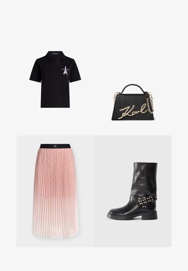Polo-shirt noir avec un col classique, présentant un design brodé de la Tour Eiffel en rose sur la zone supérieure gauche de la poitrine. Matière en coton.; Jupe midi plissée rose avec ceinture élastique noire arborant un détail de logo blanc en écriture cursive.; Bottines en cuir noir avec bout rond, talon épais et une sangle décorative ornée de boucles et de clous argentés. Texture lisse.; Sac à main en cuir noir avec une forme structurée, une bandoulière en chaîne dorée et un logo "Karl" doré en relief à l'avant. Texture lisse et design élégant.