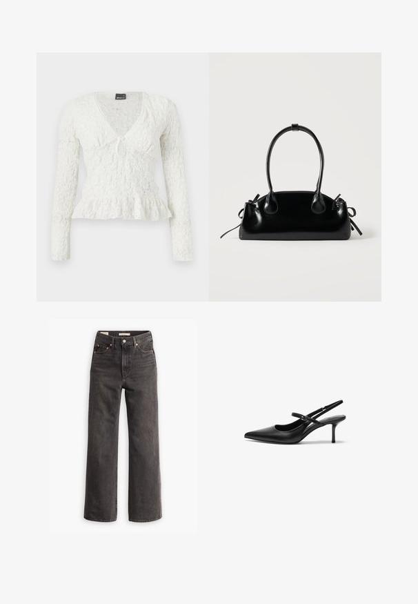 Hvid bluse med lange ærmer i blondestof med V-hals, knappedetalje ved halsudskæringen og flæset kant, vist på en ensfarvet baggrund.; Højtaljede, vide jeans i mørkegrå denim, med forlommer, kontrastfarvede kobbernitter og en ren finish uden pynt.; Sorte læder slingback hæle med spids tå, slank justerbar rem og en stiletto hæl på cirka 5 cm, glat tekstur.; Lille sort blank håndtaske med to lange håndtag og snøre-detaljer i siden på en ensfarvet lys baggrund.