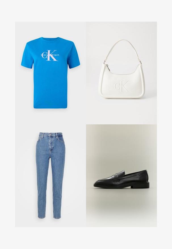 Camiseta de algodón azul con mangas cortas, que cuenta con un logo blanco de Calvin Klein y un gran gráfico rosa "CK" centrado en el frente.; Jeans de tiro alto rectos de color azul con botón frontal y cremallera, trabillas para cinturón y bolsillos, exhibidos sobre un fondo blanco liso.; Mocasín penny de cuero negro con tacón bajo, puntera redondeada y detalles cosidos sobre un fondo neutro.; Bolso de mano de cuero blanco con forma curvada, con un logo "CK" en relieve en la parte delantera y una sola correa para el hombro. Cierre de cremallera en la parte superior.