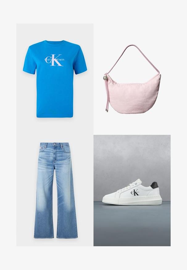 Camiseta de algodón azul con mangas cortas, que cuenta con un logo blanco de Calvin Klein y un gran gráfico rosa "CK" centrado en el frente.; Calvin Klein Jeans LOW RISE BAGGY - Vaqueros boyfriend - diamond cove; Zapatilla baja blanca con talón negro, suela de plataforma, cordones y logotipo "CK" de Calvin Klein en el lado.; Bolso de hombro de color rosa suave con forma de media luna, correa ajustable de cordón, tope metálico y sutil logo en relieve "cK" en el centro frontal.