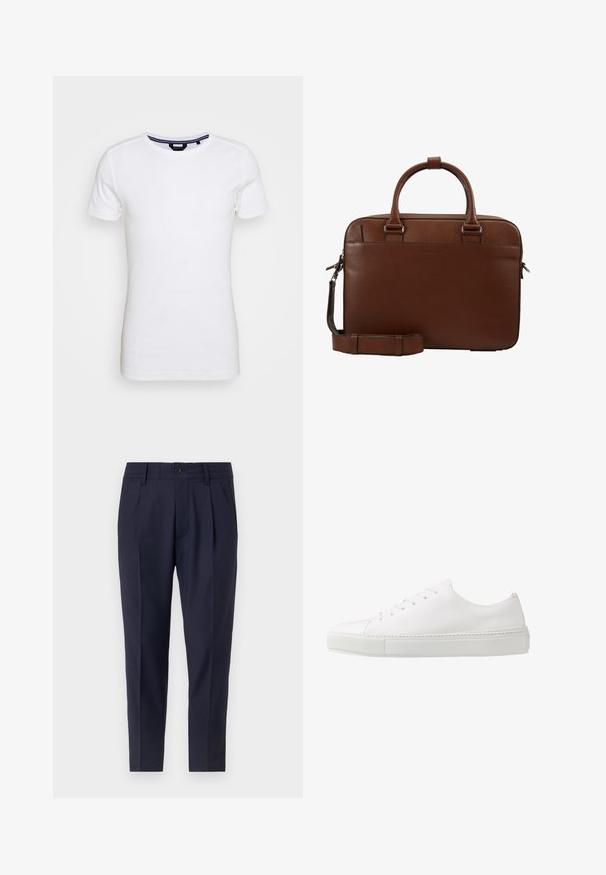 Lindbergh T-shirt basique - white; Pantalons bleu marine ajustés, dotés de plis, d'une fermeture à bouton et de poches latérales. Fabriqués dans un tissu lisse avec un léger éclat.; Baskets en cuir blanc avec une finition lisse, bout rond et six œillets pour les lacets. Présente une semelle en caoutchouc texturée et un design minimaliste.; Tiger of Sweden BOSUN - Mallette - cognac