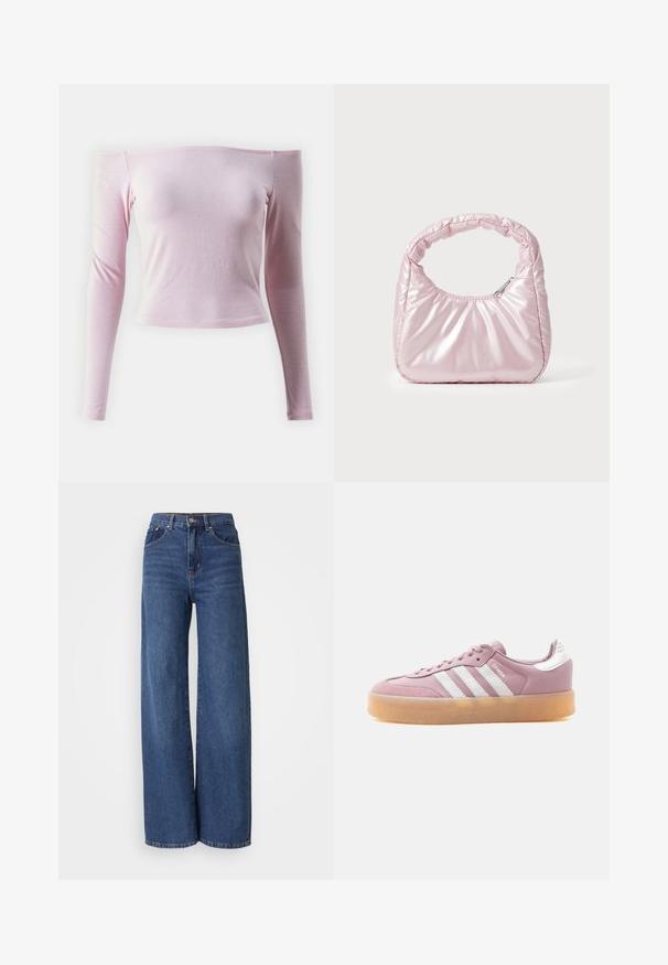 Ružový off-shoulder top s dlhým rukávom vyrobený z jemného, ľahkého materiálu; priliehavý strih s krátkym lemom a hladkou textúrou.; Džíny s vysokým pásom a širokými nohavicami v tmavomodrom denime. Obsahujú päť vreciek, pútka na opasok a vybledlú textúru s kontrastným šitím.; Nízky ružový tenisk so bielymi pruhmi, podrážka z gumenej gumy a nápis "SAMBA" na boku.; Ružová, polstrovaná kabelka s oblehnutým dizajnom, vyrobená z lesklého materiálu. Obsahuje naťahovanú rukoväť a zipsové uzatvorenie pre bezpečný prístup.