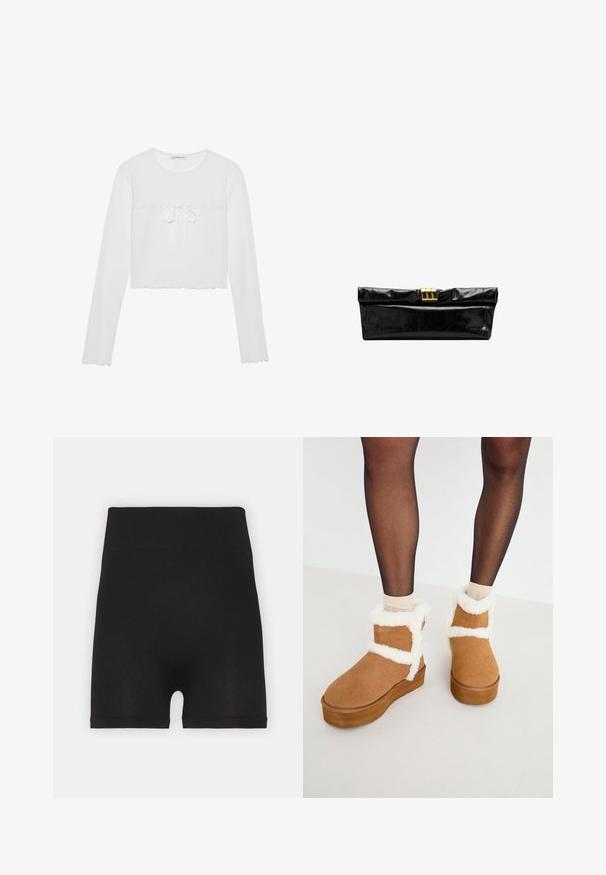 Witte lange mouwen crop top in ribbeltextuur, met een ronde hals en een decoratieve strik met een geschulpte zoom. Eenvoudig en aansluitend ontwerp.; Zwarte geribde fietsbroek met een hoge tailleband en een zachte textuur, met een gladde afwerking en geen zichtbare naden.; Bruine suède enkellaarsjes met witte nep-bontafwerking en plateauzool, met een ontwerp met kruisbanden. Soepele textuur en afgeronde neus.; Zwarte glanzende rechthoekige clutch met een gevouwen bovenzijde en een goudkleurige sluiting op een witte achtergrond.