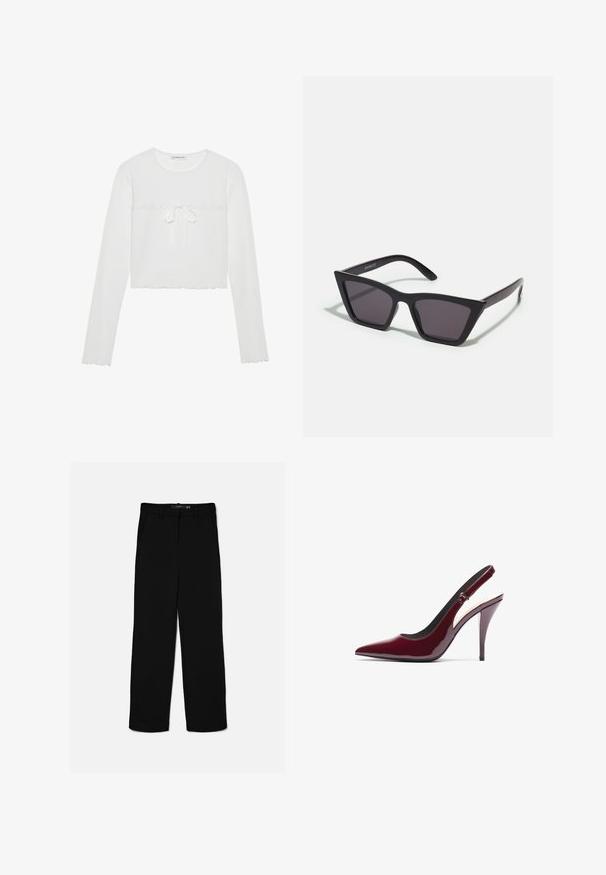 Hvid langærmet crop top i ribbet tekstur, med rund hals og en dekorativ bindebånd med en bølget kant. Enkelt og tætsiddende design.; Sorte bukser med lige ben, bæltestropper, lynlås foran og sidelommer, lagt fladt på en lys baggrund.; Burgunderfarvet patenteret læder slingback pumpe med spidse tå, høj stiletto hæl og en glat, glat tekstur. Justerbar stropdetalje.; Sorte, kantede solbriller med grå linser; lavet af plast, med tykke stænger med en glat overflade og ingen synlig hardware.